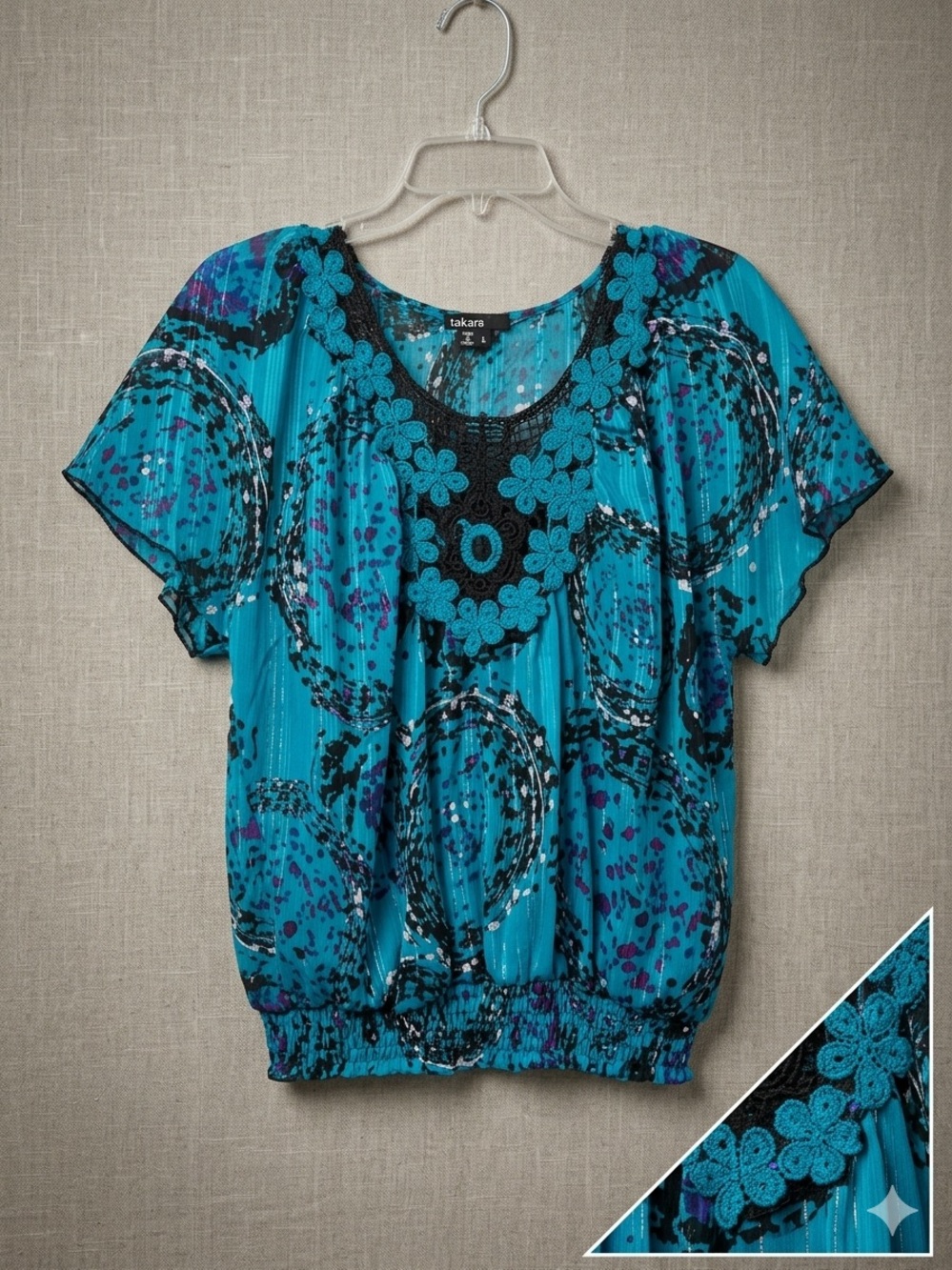 Takara Turquoise Floral Crochet-Trim Short Sleeve Blouse